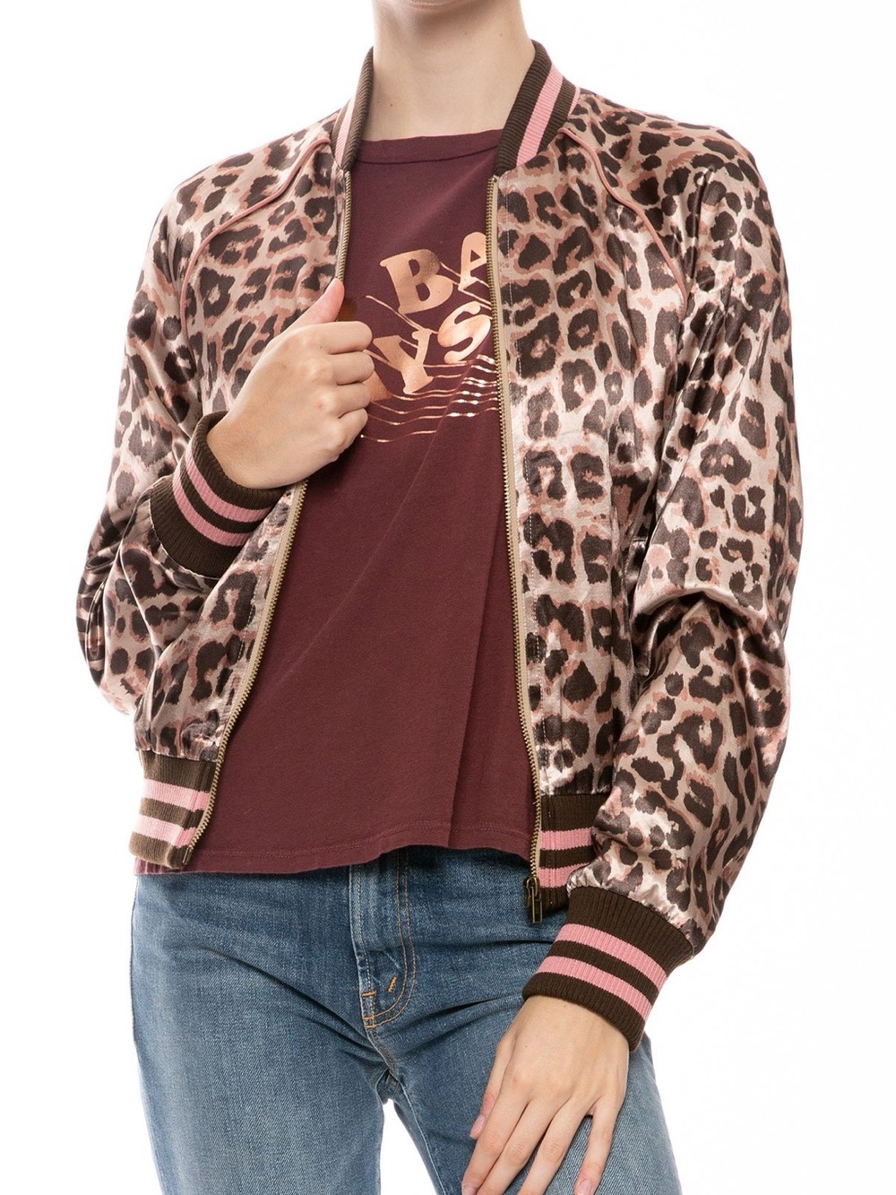 MOTHER The Letterman Wildcat Leopard Satin Bomber Jacket S Pink Varsity Y2K Chic
